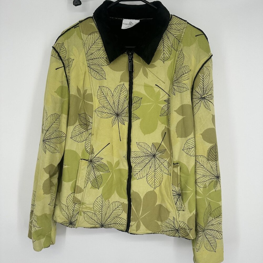 Robert Kitchen‎ Women's Faux Suede Green Floral zip up jacket size XL